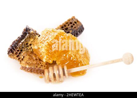 tilleul et miel de sarrasin.Nid d'abeille avec un balancier de miel isolé sur fond blanc Banque D'Images