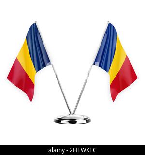 Deux drapeaux de table isolés sur fond blanc 3D illustration, tchad et roumanie Banque D'Images