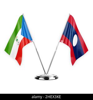 Deux drapeaux de table isolés sur fond blanc 3D illustration, guinée équatoriale et laos Banque D'Images