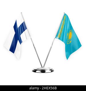 Deux drapeaux de table isolés sur fond blanc 3D illustration, finlande et kazakhstan Banque D'Images