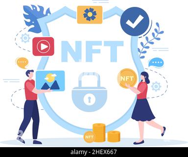 NFT jeton non fongible Crypto Art de convertir en réseau numérique avec des serveurs de pièces pour bannière ou affiche en arrière-plan plat Illustration Illustration de Vecteur