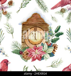 Motif sans couture avec horloge de la veille du nouvel an et décoration d'hiver sur fond blanc isolé.Sans cinq dingnadtsat.Noël aquarelle Banque D'Images