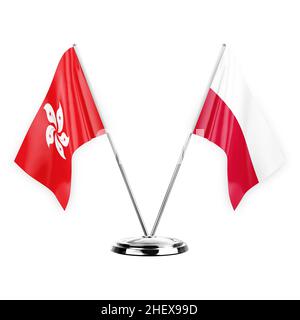 Deux drapeaux de table isolés sur fond blanc 3D illustration, hong kong et pologne Banque D'Images
