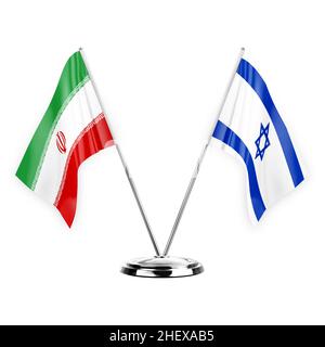 Deux drapeaux de table isolés sur fond blanc 3D illustration, iran et israël Banque D'Images