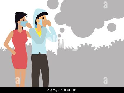 Couple portant un masque facial en raison de la pollution de l'air dans la ville. Concept de pollution de l'air. Illustration vectorielle de caractères de dessin animé plats. Illustration de Vecteur