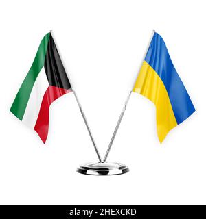 Deux drapeaux de table isolés sur fond blanc 3D illustration, le koweït et l'ukraine Banque D'Images