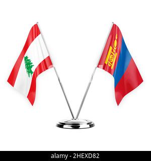 Deux drapeaux de table isolés sur fond blanc 3D illustration, le liban et la mongolie Banque D'Images