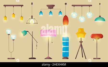 Lampes, ampoules électriques lumineuses au plafond et au sol, ampoules à incandescence de lustre moderne, torchères de formes et de design différents.Equipement d'éclairage intérieur isolé dessin vectoriel de dessin animé, ensemble Illustration de Vecteur