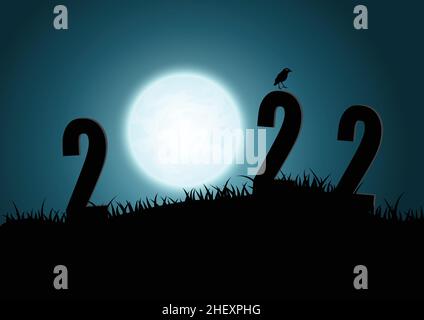 Silhouette des chiffres 2022 montagnes avec lune. vecteur illustrator. Illustration de Vecteur