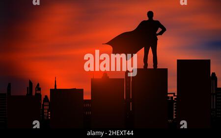 Super héros Homme debout sur les escaliers graphiques devant le Grand paysage urbain au coucher du soleil.Le jeune homme d'affaires Silhouette Hero se tient à la recherche des bâtiments de la ville. Banque D'Images
