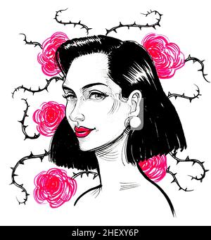 Jolie femme et fleurs roses.Dessin à l'encre Banque D'Images