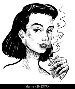 Jolie femme fumant de la marijuana joint. Dessin noir et blanc Banque D'Images