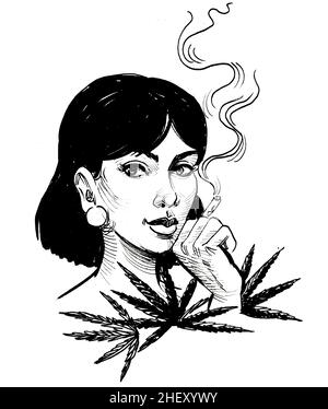 Jolie femme fumant de la marijuana joint. Dessin noir et blanc Banque D'Images