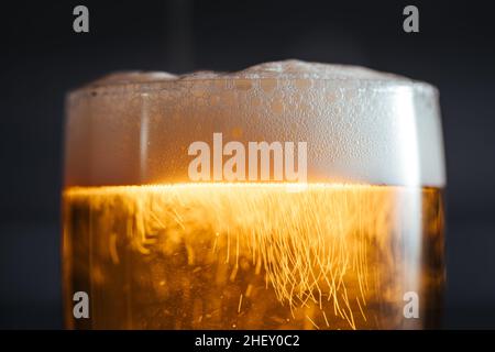 Verre de bière avec mousse et quatre en-cas différents Banque D'Images