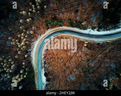 Route sinueuse à travers la forêt, paysage avec route sinueuse au milieu de la campagne, vue aérienne Banque D'Images