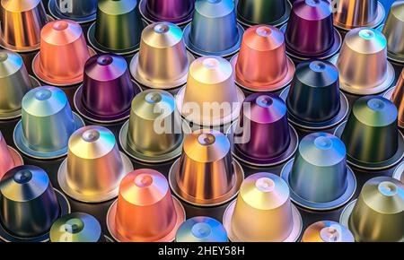 capsules en aluminium pour café expresso de différentes couleurs.3d rendu Banque D'Images