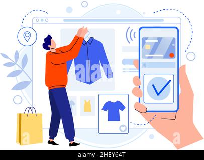 Homme sélectionner des vêtements et acheter, payer en ligne Illustration de Vecteur