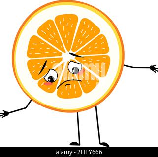 Caractère orange avec une émotion triste, un visage, des yeux, des bras et des jambes dépressifs.Personne de tranche d'agrumes avec expression mélancolique, émoticône de fruit. Illustration de Vecteur