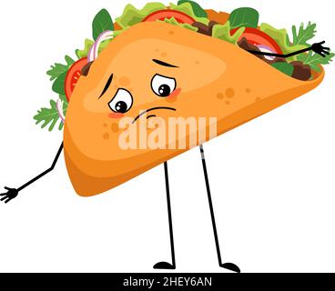 Taco mexicain de caractère mignon avec une émotion triste, le visage, les yeux dépressifs, les bras et les jambes.Personne de restauration rapide avec expression mélancolique, sandwich avec pain plat. Illustration de Vecteur