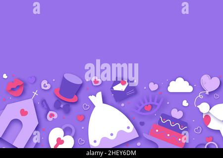 Jour de mariage. Calendrier du mariage. Église, je le fais, toast. Danse. Bonne Saint-Valentin papier style artisanal. Joyeuses fêtes et lune de miel en papier coupé Illustration de Vecteur