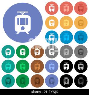 Icônes plates multicolores du tram sur fond rond. Inclus des variantes d'icônes blanches, claires et sombres pour les effets de survol et de statut actif, ainsi que des effets de mode bonus Illustration de Vecteur