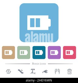 Demi-batterie avec deux unités de charge alternent les icônes plates blanches sur les arrière-plans carrés ronds de couleur.6 icônes bonus incluses Illustration de Vecteur