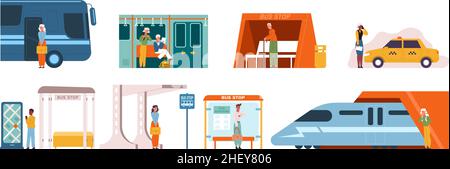 Les personnages des transports en commun, les personnes en métro et l'arrêt de bus.Kit d'illustrations vectorielles isolées pour les passagers de transport urbain.Ville publique Illustration de Vecteur