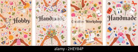 Affiches artisanales d'arts et de loisirs, ateliers créatifs.L'atelier d'artisanat créatif couvre l'ensemble d'illustrations vectorielles.Coudre et tricoter à la main Illustration de Vecteur