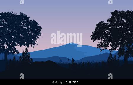 Panorama fantastique sur la montagne avec silhouettes d'arbre de village la nuit.illustration vectorielle d'une ville Illustration de Vecteur