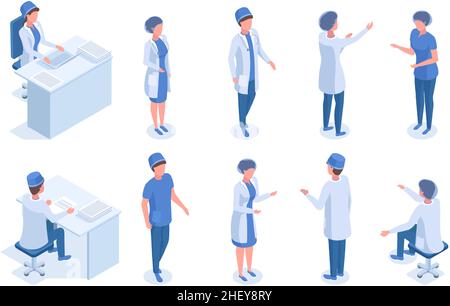 Travailleurs médicaux isométriques, médecin, infirmière, dentiste et anesthésiste.Personnel médical de l'hôpital, jeu d'illustrations vectorielles personnages médiques.Soins de santé Illustration de Vecteur