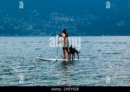 Un homme, portant un pantalon de natation, accompagné d'un chien noir, est dandup paddeling sur le lac majeur. Banque D'Images