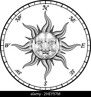 Compass Sun face gravure Rose Woodcut dessin Illustration de Vecteur