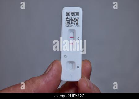 Kit d'auto-test de l'antigène du flux latéral du coronavirus à main mâle montrant un résultat positif sur fond gris Uni Banque D'Images