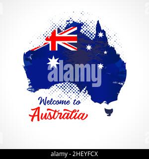 Symbole, affiche, bannière Bienvenue en Australie.Carte de l'Australie avec la décoration du drapeau national.Mise en plan aquarelle de style.Illustration vectorielle Illustration de Vecteur