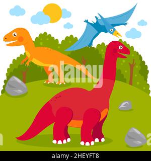 Scène de la nature, paysage préhistorique avec des dinosaures. Animaux de l'âge de pierre, un ptérodactyle, un brontosaure, un apatosaurus et un tyrannosaure. Banque D'Images