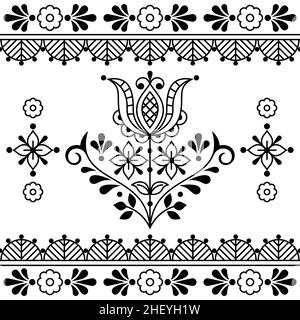 Motif floral folk vector sans couture avec fleurs et cadre en noir - carte de vœux, imprimé textile ou tissu avec fleurs inspirées par l Illustration de Vecteur