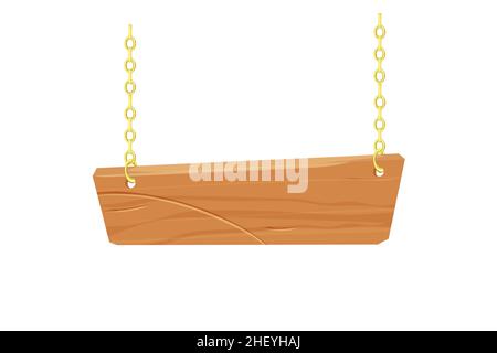 Cadre en bois suspendu avec chaîne dorée, panneau en style dessin animé isolé sur fond blanc.Planches de bois texturées, décoration.Actif de jeu d'interface utilisateur.Illustration vectorielle Illustration de Vecteur