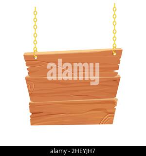 Cadre en bois suspendu avec chaîne dorée, panneau en style dessin animé isolé sur fond blanc.Planches de bois texturées, décoration.Actif de jeu d'interface utilisateur.Illustration vectorielle Illustration de Vecteur