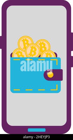 Porte-monnaie avec pièces en bitcoin or, sur l'écran du téléphone.Vecteur associé à la crypto-monnaie.Illustration vectorielle plate sur fond blanc. Illustration de Vecteur