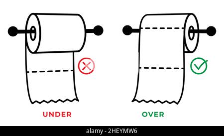 Rouleau de papier hygiénique en position inférieure et supérieure dans le support.Règle de positionnement correct des articles de toilette.Vecteur et illustration. Illustration de Vecteur