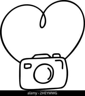 Coeur vectoriel de calligraphie monoline romantique avec photo-caméra amour signe.Icône représentant la Saint-Valentin dessinée à la main.Symbole Concepn pour t-shirt, carte de vœux Illustration de Vecteur