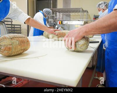 Travailleur spécialisé couture et finition des coupes à froid de culatello, de coppa et de prosciutto dans l'usine de fabrication de produits délicats de Parme en Italie Banque D'Images