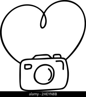 Coeur vectoriel de calligraphie monoline romantique avec photo-caméra amour signe.Icône représentant la Saint-Valentin dessinée à la main.Symbole Concepn pour t-shirt, carte de vœux Illustration de Vecteur