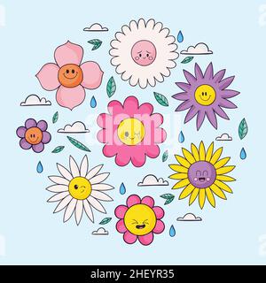 Dessin à la main plat visage smiley fleur illustration vectorielle. Illustration de Vecteur