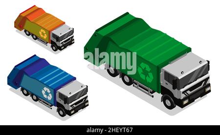 Camion à ordures isométrique.Collecte, tri et recyclage des ordures dans la ville, région métropolitaine.Vecteur réaliste 3D isolé sur fond blanc Illustration de Vecteur