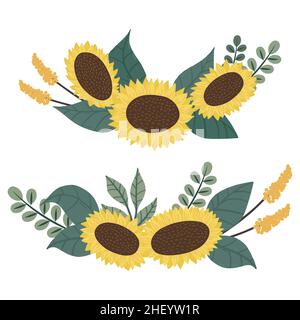 Illustration vectorielle du jeu de bordures de tournesol dessinées à la main. Illustration de Vecteur