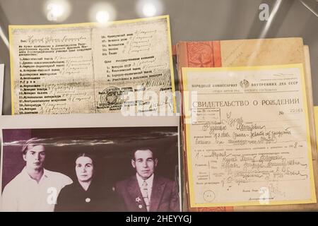 Le célèbre musée du danseur de ballet tatar Rudolf Nureyev à l'Opéra national et théâtre de ballet de Bashkir. Ses effets personnels, costumes. Banque D'Images