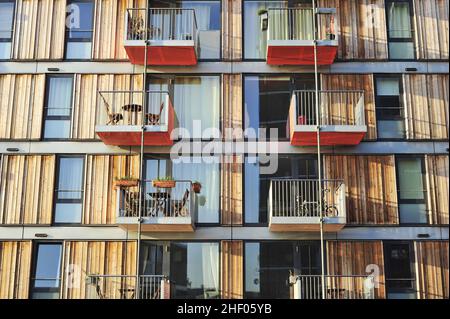 Adelaide Wharf - aménagement résidentiel moderne, façade revêtue de bois avec détail balcons, situé à Hackney, Londres, Royaume-Uni. Banque D'Images