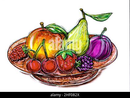 Croquis d'un bol de fruits contenant une pomme, poire, prune, mûre, fraise,cerises et une framboise. Banque D'Images