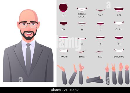 Personnage d'homme d'affaires d'âge moyen animation de visage et animation de bouche avec différents ensembles de gestes. Illustration de Vecteur